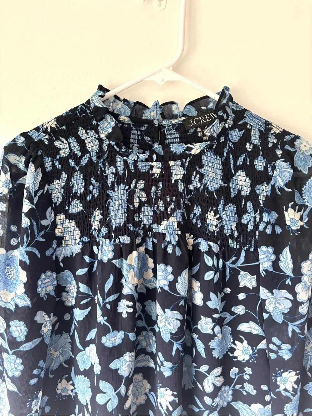 J.Crew Ruffle Neck Chiffon Top Midnight Blue Black Floral Pattern Smocked Ruffle